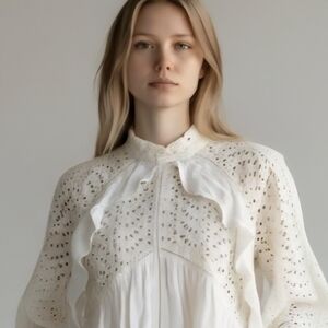 PS The Label Anthropologie Ivory Ruffle Lace Eyelet Blouse Womens Small Boho